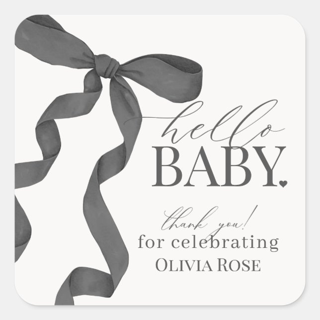 Black Coquette Bow Girl Baby Shower Favour Square Sticker (Front)