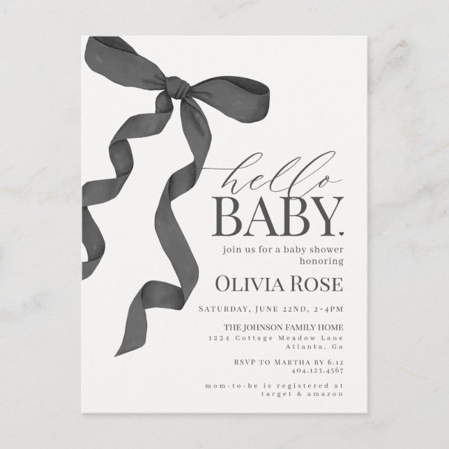 Black Coquette Bow Girl Baby Shower Invite Postcard (Front)