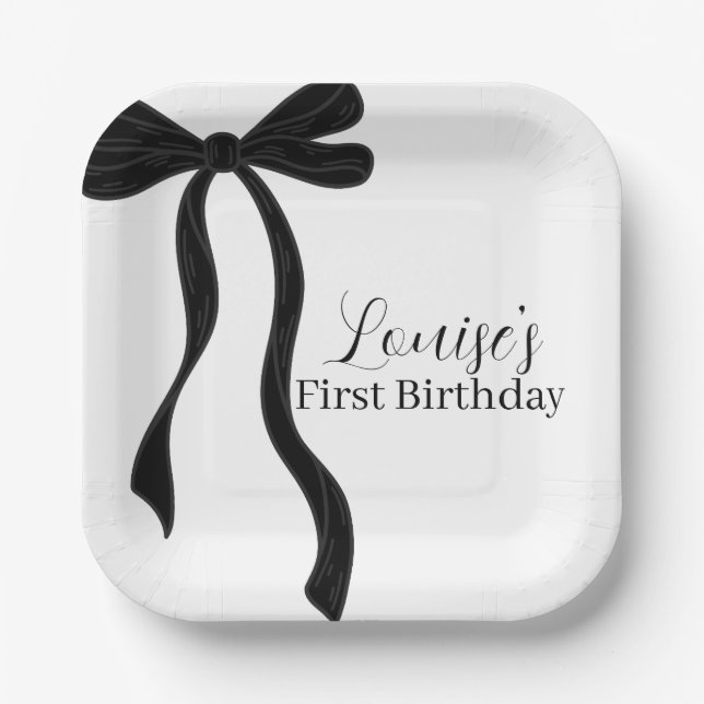 Black Coquette Bow Girl Birthday Party Decor Paper Plate (Front)