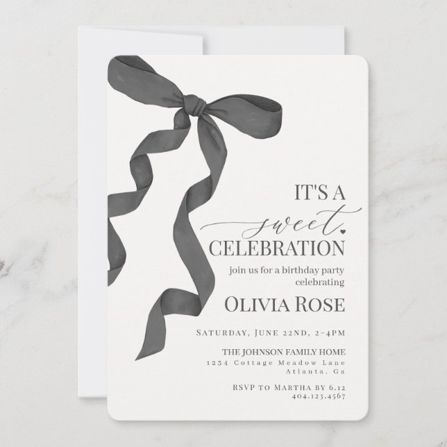 Black Coquette Bow Girl Birthday Party Invitation (Front)