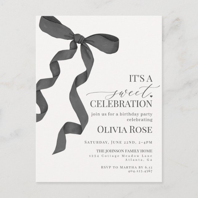 Black Coquette Bow Girl Birthday Party Invitation Postcard (Front)