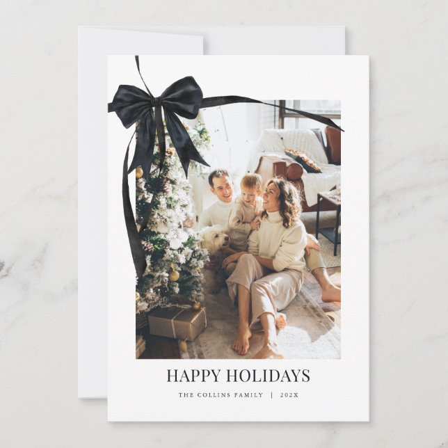 Black Coquette Bow Holiday Photo Christmas Card (Front)