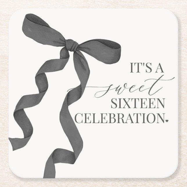 Black Coquette Bow Sweet 16 Birthday Party Decor Square Paper Coaster (Front)