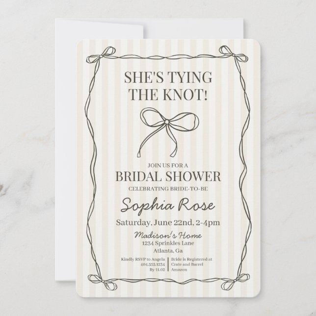Black Coquette Bow Tying the Knot Bridal Shower Invitation (Front)