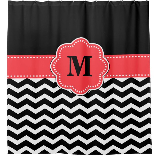Black Coral chevron Monogram Shower Curtain (Front)
