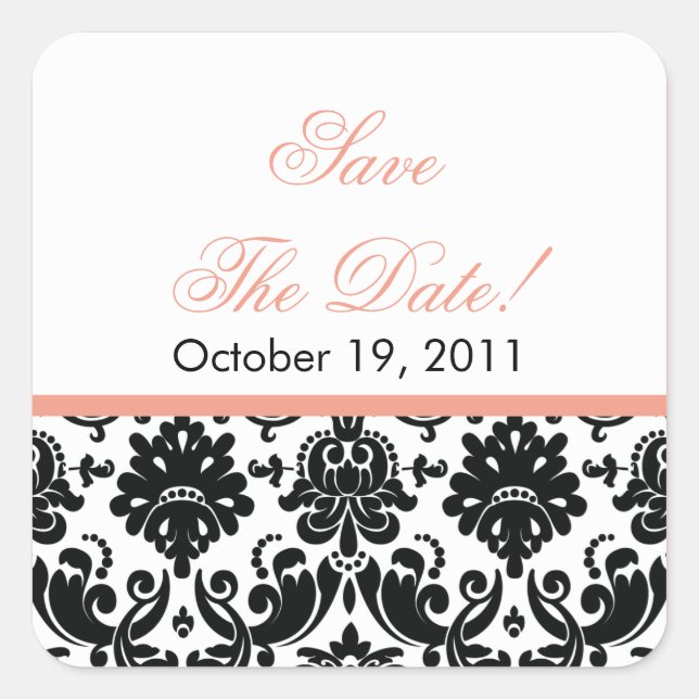 Black & Coral Damask Save the Date Wedding Sticker (Front)