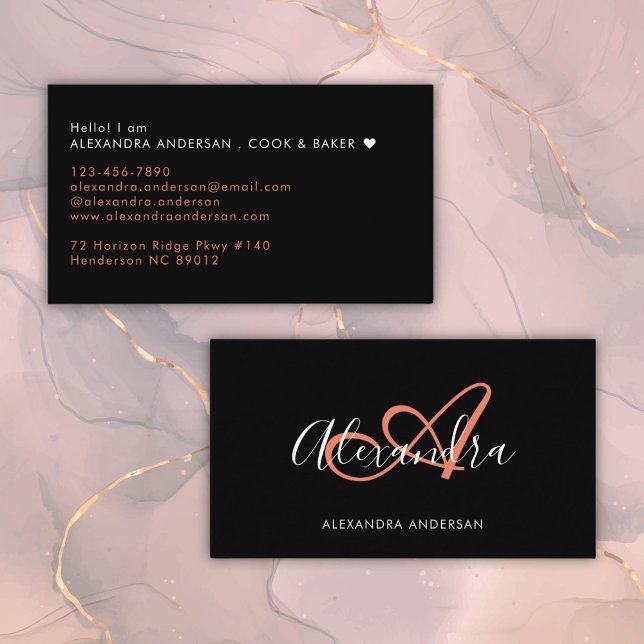 Black Coral Monogram Initial Script Name Business Card (Elegant Monogram Black Coral Script Name Business Card)