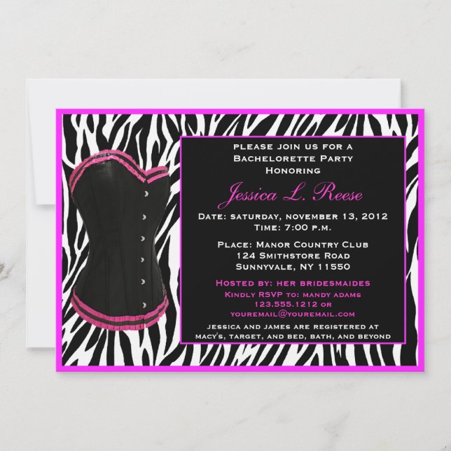 Black Corset Zebra Bachelorette Party Invitation (Front)