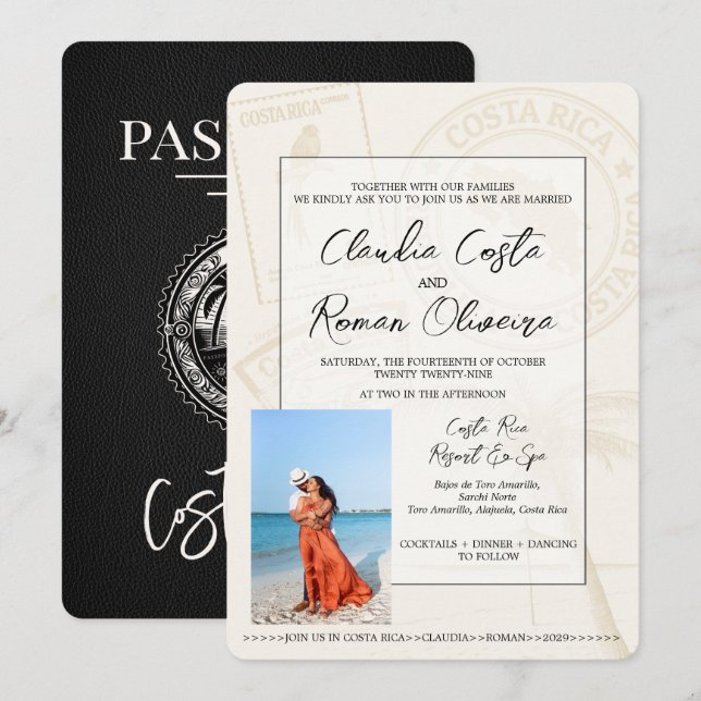 Black Costa Rica Passport Wedding Invitation (Front/Back)