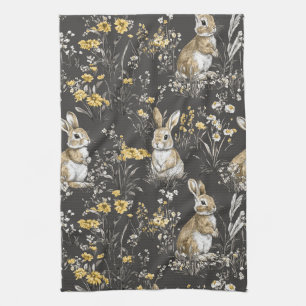 Black Cottagecore Rabbit Floral Toile Pattern Tea Towel