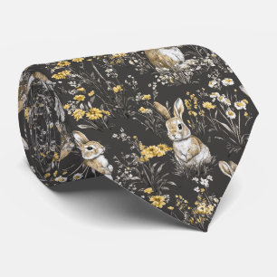 Black Cottagecore Rabbit Floral Toile Pattern Tie
