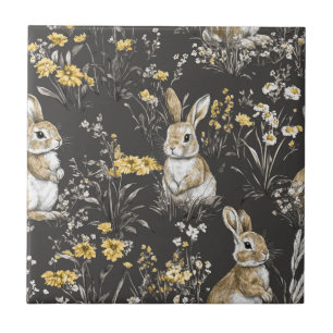 Black Cottagecore Rabbit Floral Toile Pattern Tile