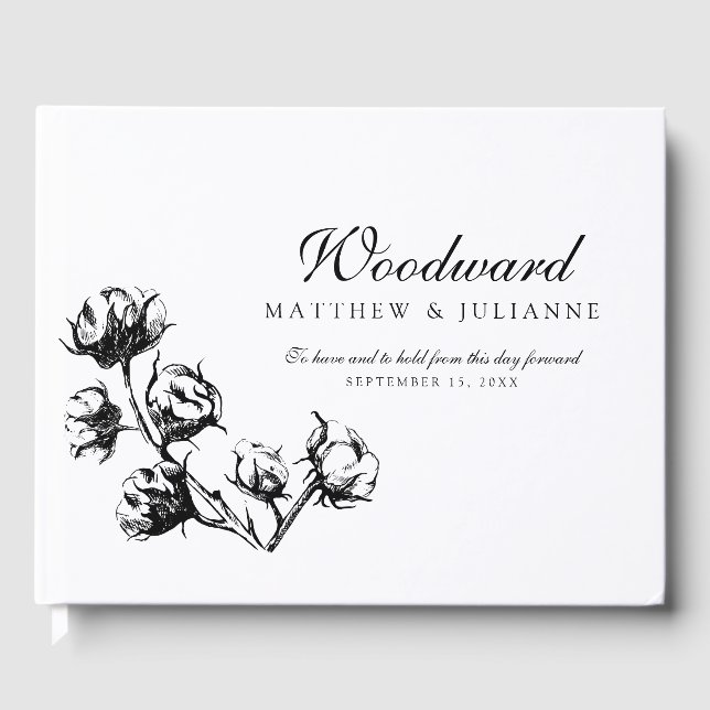 Black Cotton Boll Plant Etching Wedding Guest Book (Front)