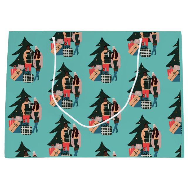 Black Couple First Christmas  Wrapping Paper Large Gift Bag (Front)