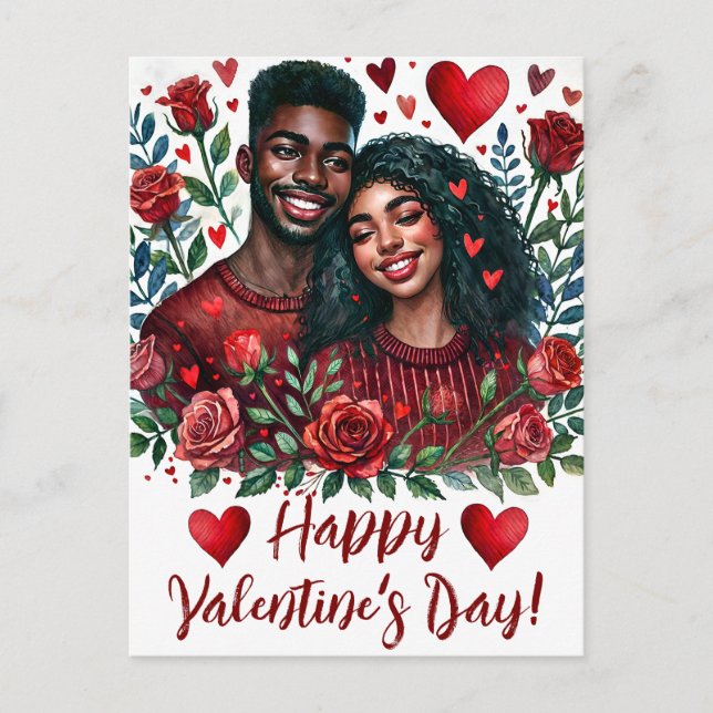 Black Couple Happy Valentine's Day Art Postcard (Front)
