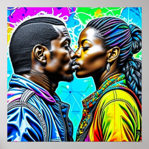 Black Couple Kissing in Love Poster