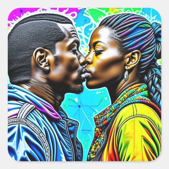 Black Couple Kissing in Love  Square Sticker (Front)
