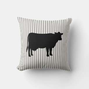 Black Cow Grey Stripe Farmhouse Throw Pillow