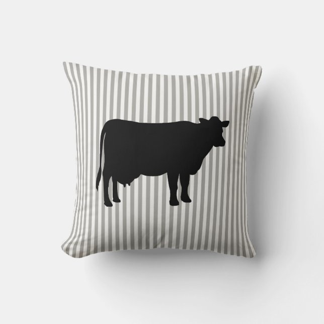 Black Cow Grey Stripe Farmhouse Throw Pillow (Front)