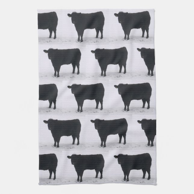 Black Cow in Snow Tea Towel (Vertical)