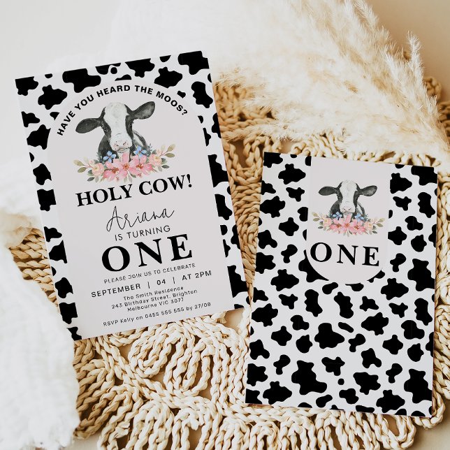 Black Cow Print Arch Floral Holy Cow 1st Birthday Invitation (Black white cow 1st birthday invitation featuring a black and white cow print pattern and flowers.)