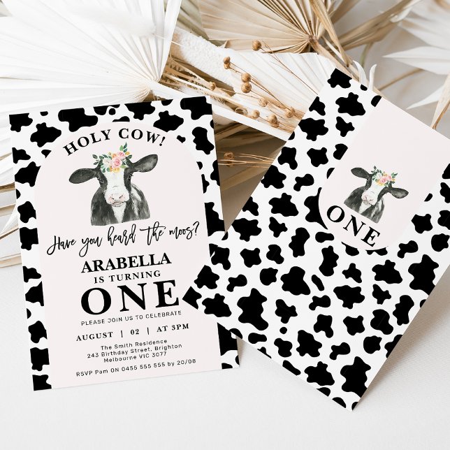 Black Cow Print Arch Holy Cow 1st Birthday Invitation (Black and white holy cow 1st birthday invitation featuring a cow, black and white cow print and arch)