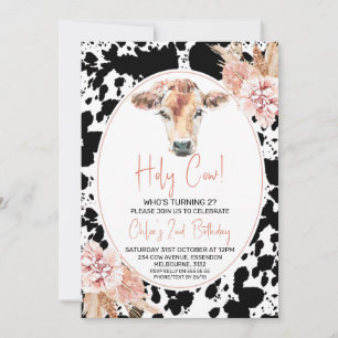 Black Cow Print Boho Holy Cow Girls Birthday Invitation