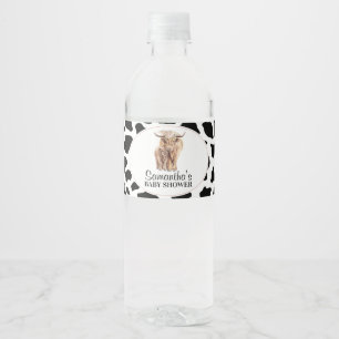 Black Cow Print Highland Cow Calf Baby Shower Water Bottle Label