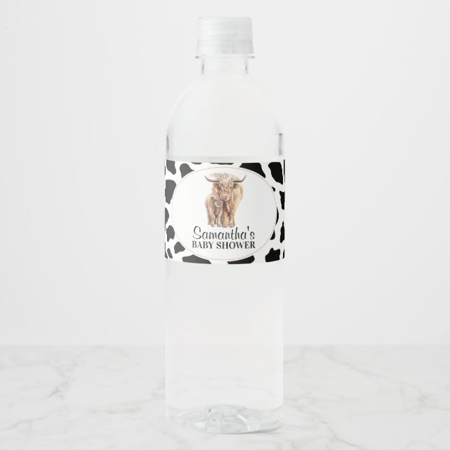 Black Cow Print Highland Cow Calf Baby Shower  Water Bottle Label (Front)