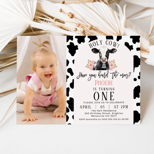 Black Cow Print Photo Holy Cow 1st Birthday Invitation (Creator Uploaded)