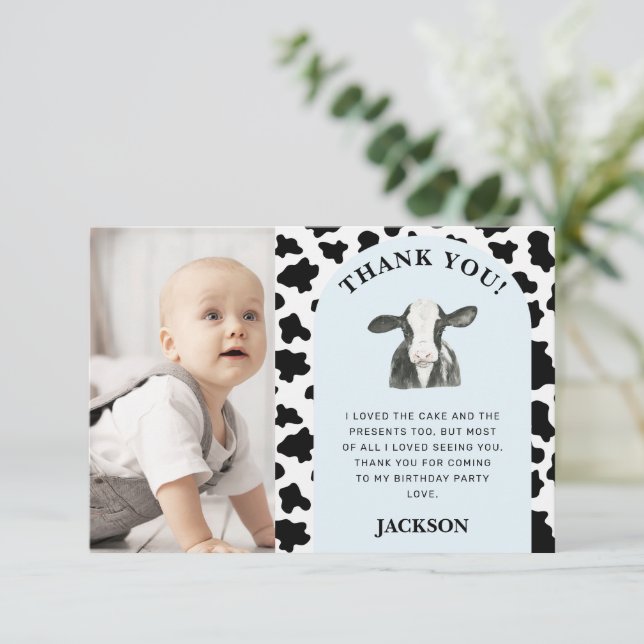 Black Cow Print Photo Holy Cow 1st Birthday Thank You Card (Standing Front)