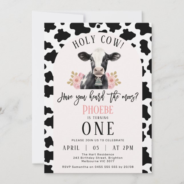 Black Cow Print Pink Arch Holy Cow 1st Birthday Invitation (Front)