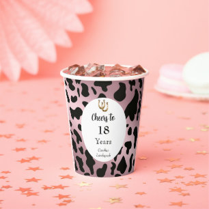 Black Cow Spots, Rose Gold & Horseshoe Birthday Paper Cups