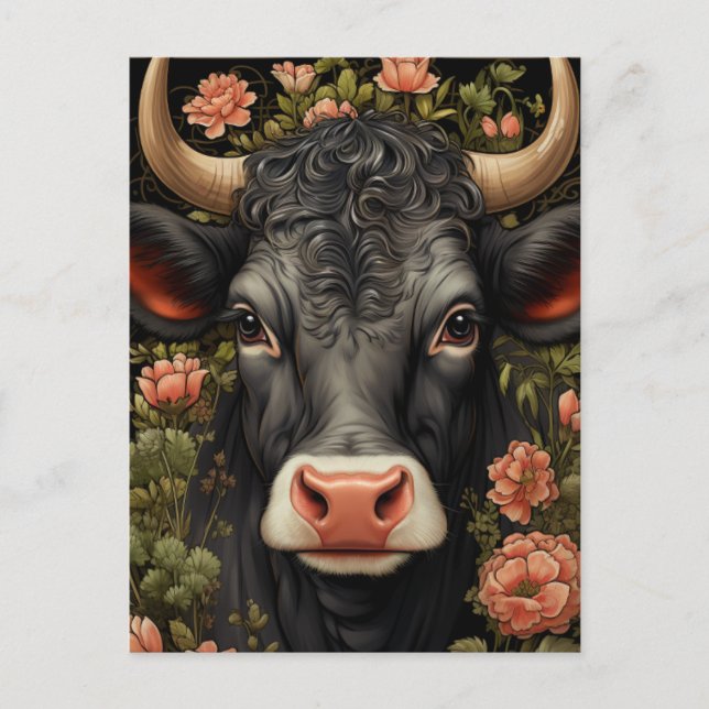 Black Cow with Curly Hair in the Flowers Postcard (Front)