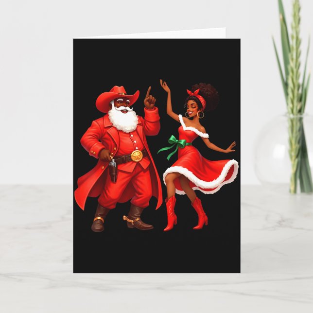 Black Cowboy And Santa Cowgirl Christmas Western X Card (Front)