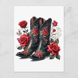 Black Cowboy Boots With Red Roses Postcard