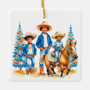 Black Cowboy Cowgirl Kids With Horse  Christmas Ceramic Ornament