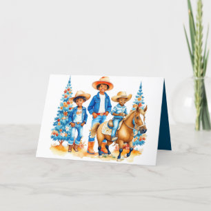 Black Cowboy Cowgirl Kids With Horse Merry Christm Holiday Card