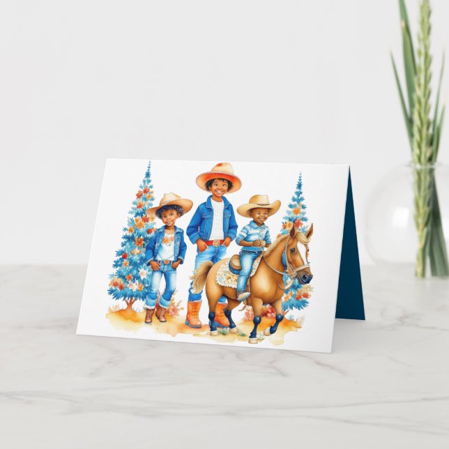 Black Cowboy Cowgirl Kids With Horse Merry Christm Holiday Card (Front)