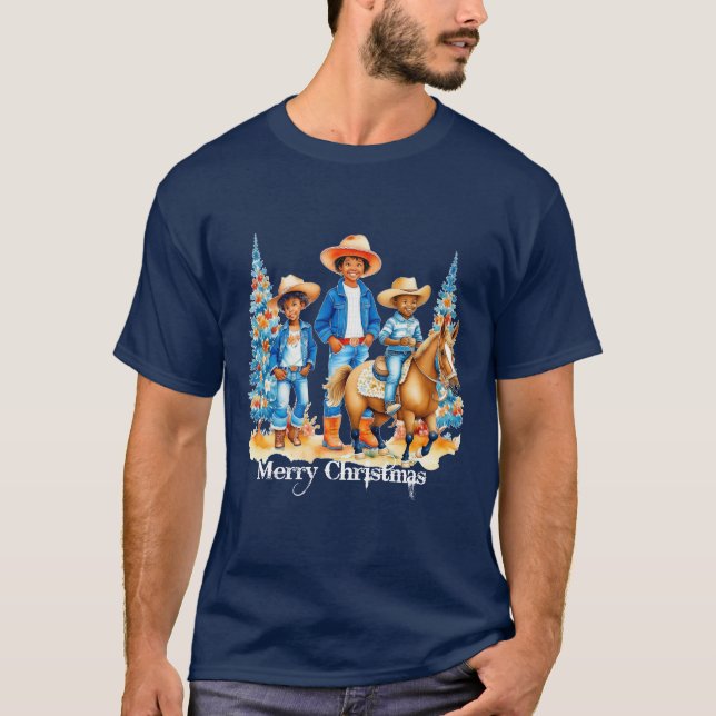 Black Cowboy Cowgirl Kids With Horse Merry Christm T-Shirt (Front)