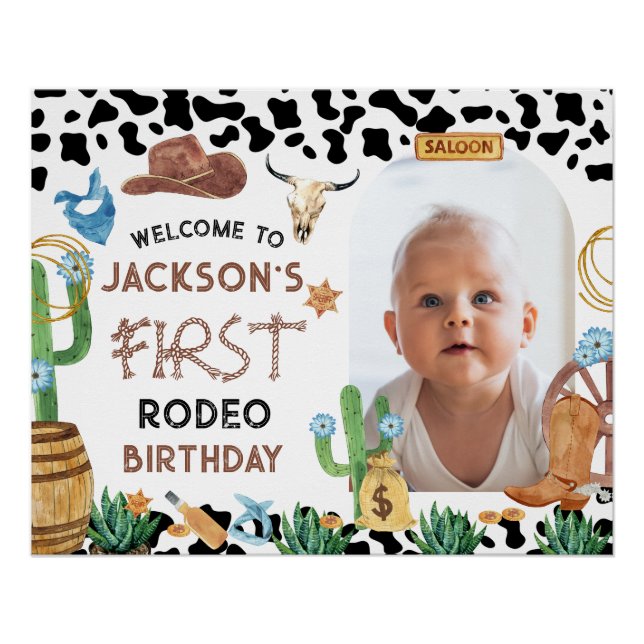 Black Cowboy Rodeo 1st Birthday Welcome Sign (Front)