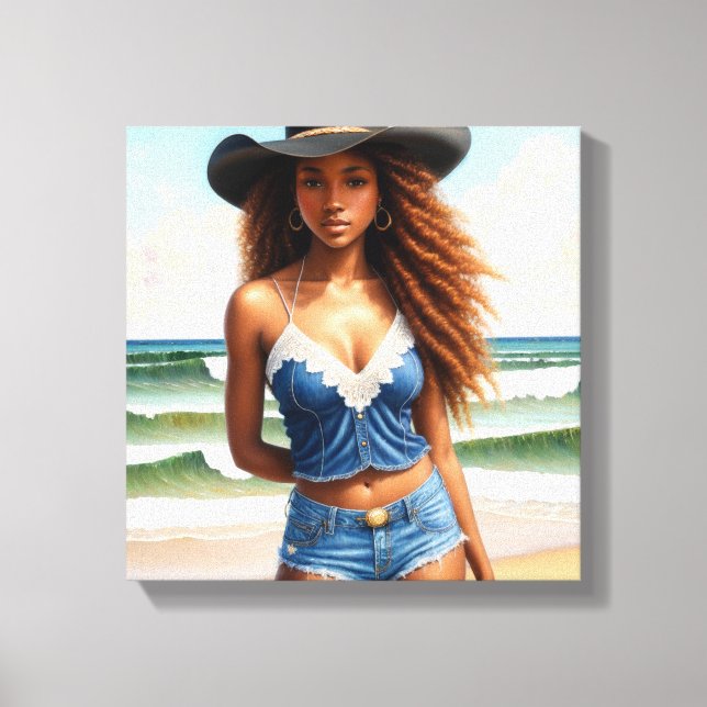 Black Cowgirl Copper Hair Beach Canvas Print (Front)