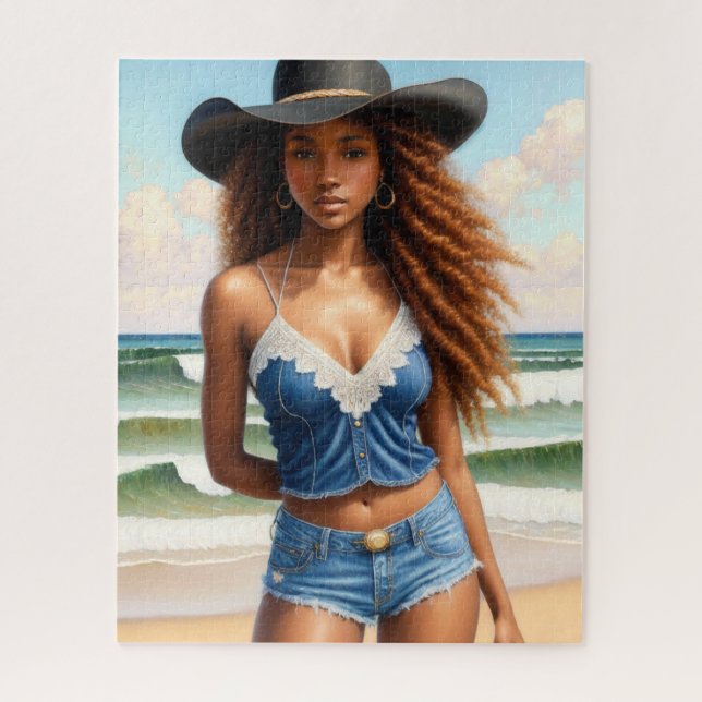 Black Cowgirl Copper Hair Beach Jigsaw Puzzle (Vertical)