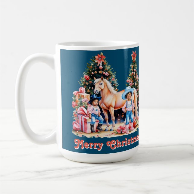 Black Cowgirl Winter Scene Horse Merry Christmas  Coffee Mug (Left)