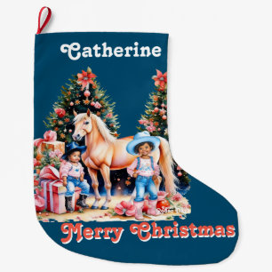 Black Cowgirl Winter Scene Horse Merry Christmas Large Christmas Stocking