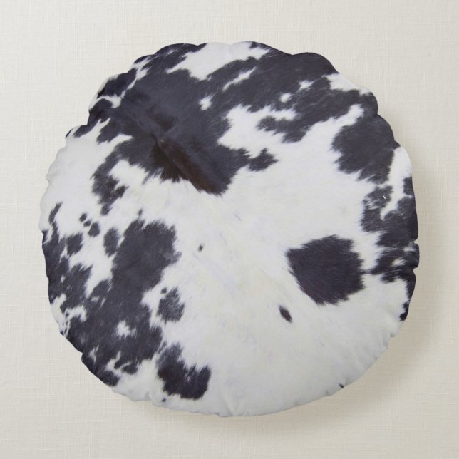 Black  Cowhide, Cow Skin Print Pattern, Modern Cow Round Cushion (Front)