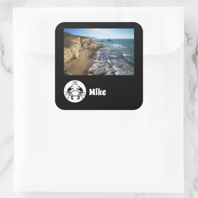 Black Crab Monogram Photo Name Square Sticker (Bag)