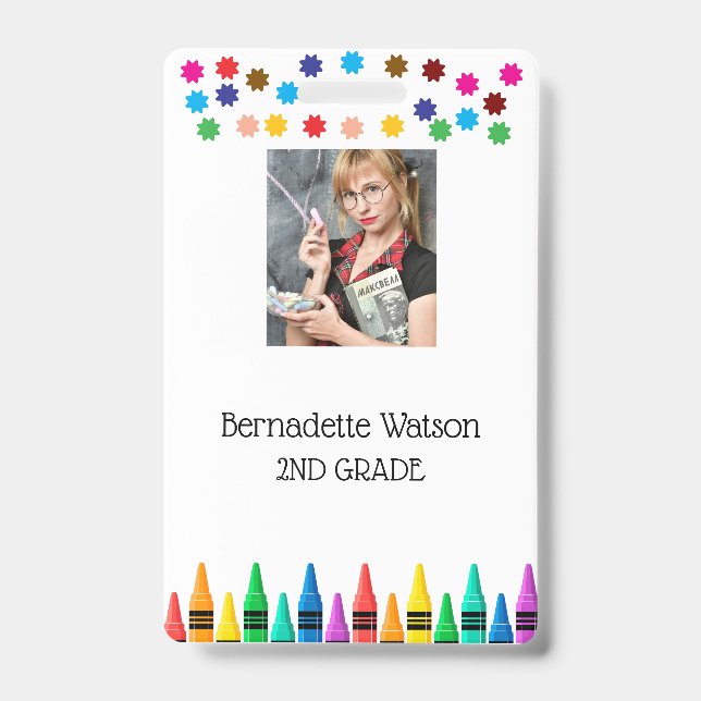 Black Crayons & Stars Colourful School Teacher ID Badge (Front)