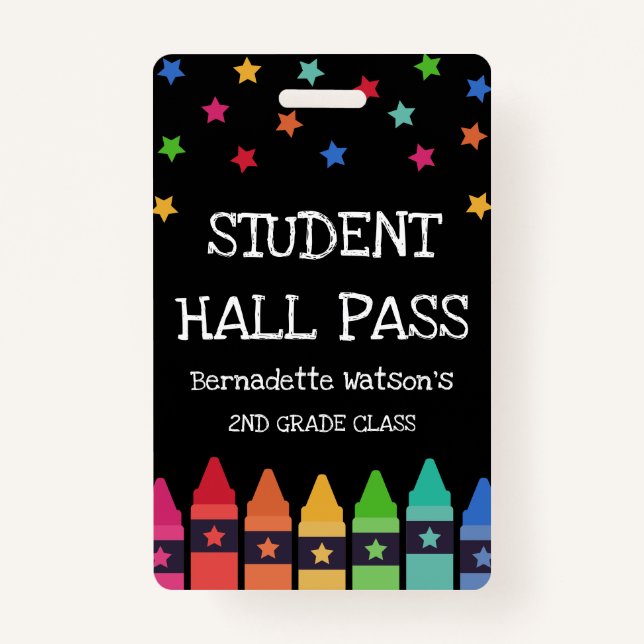 Black Crayons & Stars Colourful Student Hall Pass ID Badge (Front)