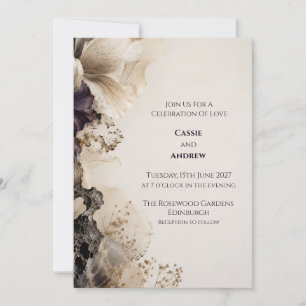 Black Cream Abstract Floral Wedding Invitation